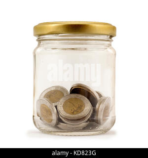 Egyptian Pounds, Coins in Glass Jar, Isolated on White Background Stock Photo