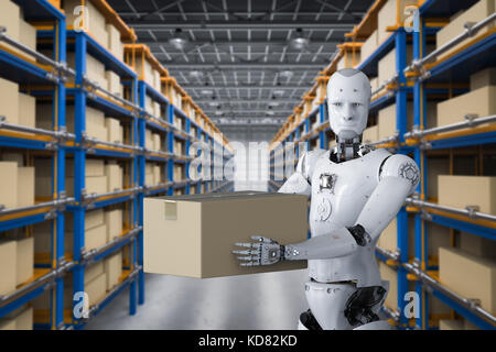 3d rendering humanoid robots carry boxes in warehouse Stock Photo - Alamy