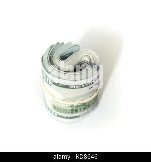 USA currency, roll of One Hundred Dollars stands isolated on white background with soft shadow Stock Photo