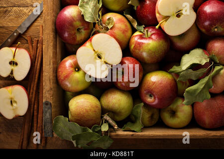 Freshly picked apples in a wooden crate Stock Photo