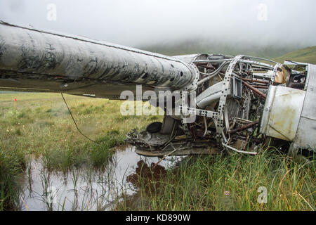 One of only two remaining known B-24 wrecks on Atka Island, Aleutian Islands, Alaska. It was crash landed on 9 Dec 1942, with no loss of crew. Stock Photo