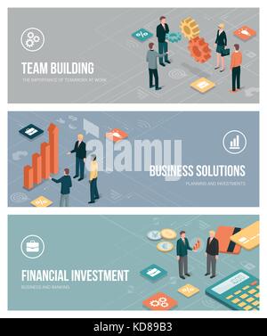 Business people, teamwork, planning and financial investments banners set with isometric characters and app buttons Stock Vector