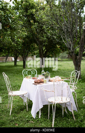 Alfresco lunch on rustic iron chairs in an orchard Stock Photo