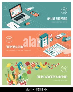 Grocery shopping online using apps on a laptop, smartphone and tablet; healthy eating, retail and technology concept Stock Vector