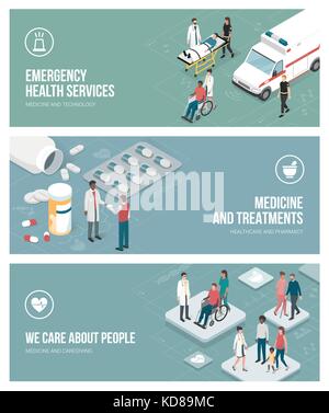 Healthcare, emergency service, medicine and caregiving banners set with isometric people Stock Vector