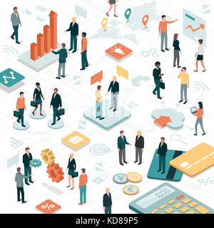 Business people working together in a virtual environment, apps and business objects: finance, communication and technology concept Stock Vector