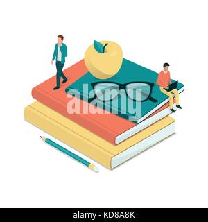 Academic students studying and connecting with a laptop on a pile of books, learning and education concept Stock Vector