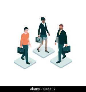 Corporate business people holding a briefcase on a app button: human resources, business and technology concept Stock Vector