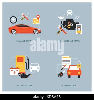 Car maintenance, insurance, repair and servicing concepts with icons Stock Vector