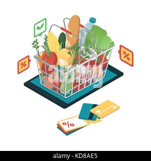 Fresh vegetables and grocery products with icons in a shopping basket on a digital tablet, grocery shopping online and augmented reality concept Stock Vector
