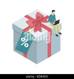 Man doing shopping online using a laptop and purchasing a big gift on sale, e-commerce and celebration concept Stock Vector