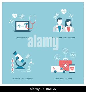 Medicine, emergency and healthcare concepts with icons and objects Stock Vector