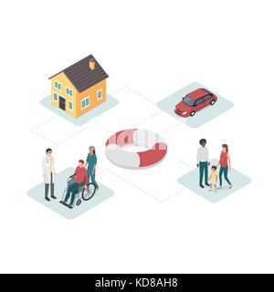 Home, car, health and family insurance plan with lifebelt at center: financial plans and services concept Stock Vector