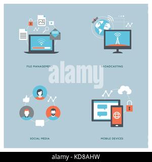 Internet, computers, mobile devices and social media concepts with icons Stock Vector