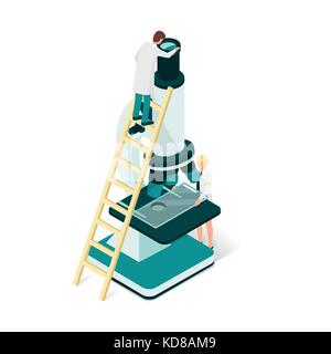 Researchers in the laboratory, they are analyzing a sample using a microscope: science and medical research concept Stock Vector