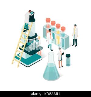 Researchers in the laboratory, they are analyzing a sample using a microscope and checking test tubes: science and medical research concept Stock Vector