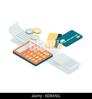Bills, credit cards and calculator: personal home finance, taxes and payments concept Stock Vector