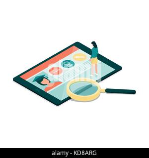 Female student checking her profile on a e-learning and job search platform using a digital tablet and a magnifier Stock Vector