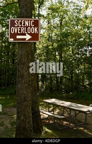 'Scenic Overlook' sign on tree at vista point at 174-acre Ellison Bluff Park in Door County community of Ellison Bay, Wisconsin. Stock Photo