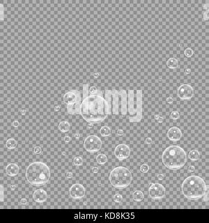 Underwater fizzing air bubbles isolated on transparent background. Air water clear bubble in water, sea, aquarium, ocean. vector illustration Stock Vector