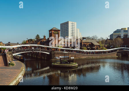 A roundabout on a canal in Birmingham overlooking a traditonal British pub Stock Photo