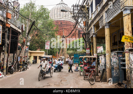 Chawri Bazar Road near Jama Masjid mosque in background, Delhi, India Stock Photo