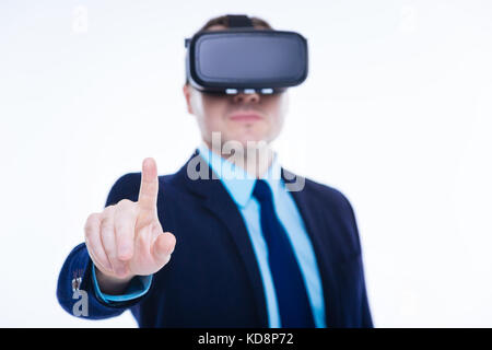Male finger pressing transparent screen Stock Photo