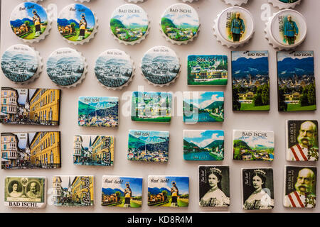 Bad Ischl, Austria - September 2, 2016: Souvenir magnets with views of Bad Ischl and with portraits of  Emperor of Austria  Franz Joseph I and Empress Stock Photo