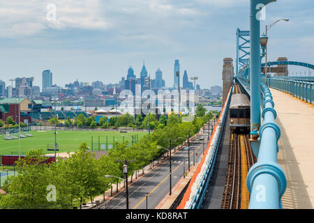 Skyline of Philadelphia, Pennsylvania, USA as seen from Camden New Jersey, featuring the Delaware River and Benjamin Franklin Bridge Stock Photo