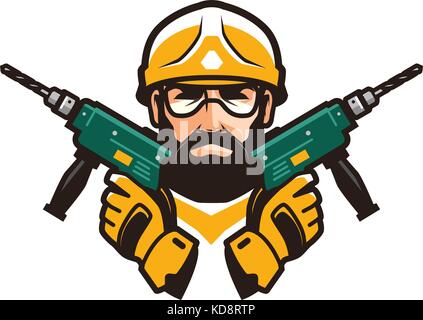 Construction work, repair concept. Builder with tools in hands. Vector illustration Stock Vector