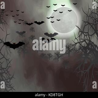 Halloween background on full moon dark night surrounding by dead trees on maintains and bats.  It can be created as backdrop or background for party Stock Vector