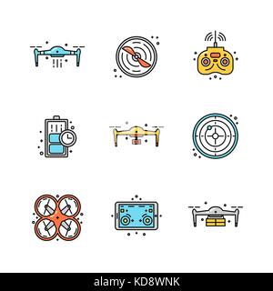 Drones vector icons set. Innovative and high-tech machines. Stock Vector