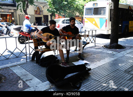 Greek street musicians performing in central Thessaloniki. Stock Photo