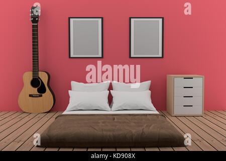 bedroom in pink room with acoustic guitar in 3D rendering Stock Photo