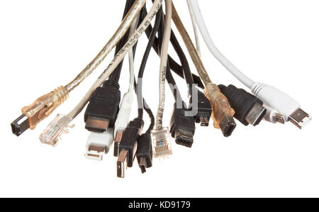 bunch of computer cables with sockets  isolated on a white  background Stock Photo