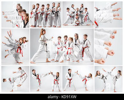 The studio shot of group of kids training karate martial arts Stock Photo