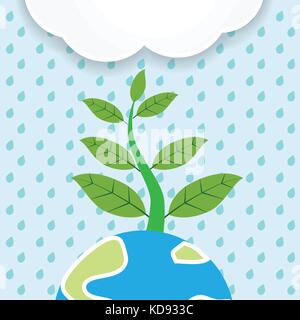 Illustration of  Earth day for Ecology concept, tree on globe on rainy background-Vector illustrtion. Stock Vector