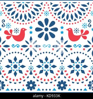 Mexican folk art vector seamless pattern with birds and flowers, red and blue fiesta design inspired by traditional art form Mexico Stock Vector