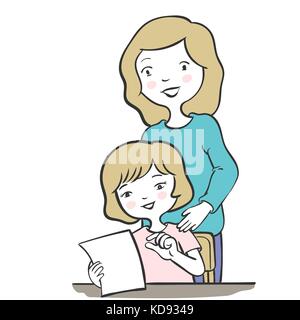 Mother helping daughter doing homework. For Happy family concept. Cartoon vector characters isolated on white background. Stock Vector