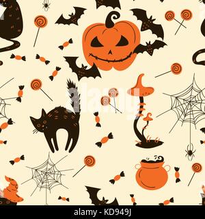 Seamless pattern of Halloween cats and pumpkins Stock Vector