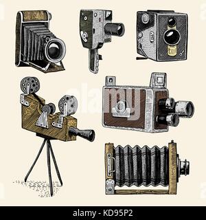 evolution of the photo, video, film, movie camera from first till now vintage, engraved hand drawn in sketch or wood cut style, old looking retro lens, isolated vector realistic illustration Stock Vector