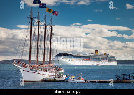 The Schooner Margaret Todd  with the Costa Atlantica Cruise Ship beyond, moored in Bar Harbor, Maine, USA Stock Photo