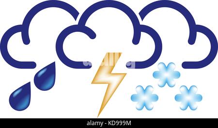 Stylized clouds with raindrops, lightning and snowflakes. All in one bad weather vector icon. Stock Vector