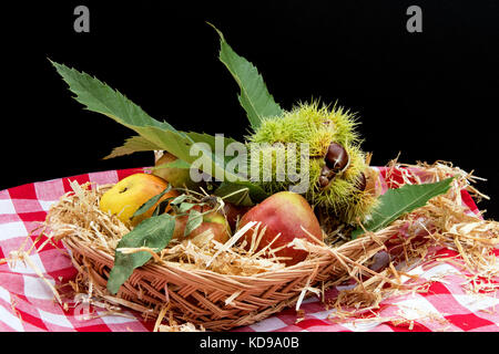 Apples and chestnuts in a basket. Stock Photo