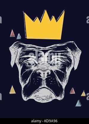 vector illustration of a hand drawn realistic dog with a crown and with light lines and dark background Stock Vector