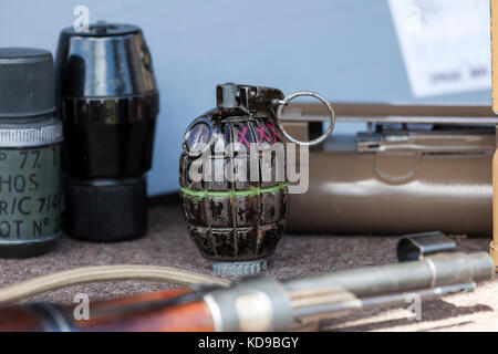 WW2 Hand Grenades and other Weapons, with a British Hand Grenade (Mills Bomb) Centre Pic, UK. Stock Photo