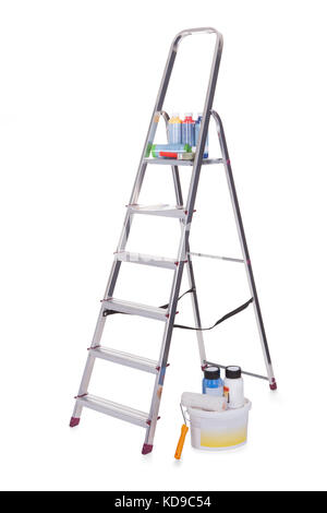 Aluminum ladder and paint tools. Isolated on white Stock Photo