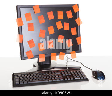 Computer screen covered in sticky notes. Isolated on white Stock Photo