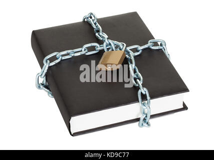 Black book secured by metal chain and lock. Isolated on white Stock Photo