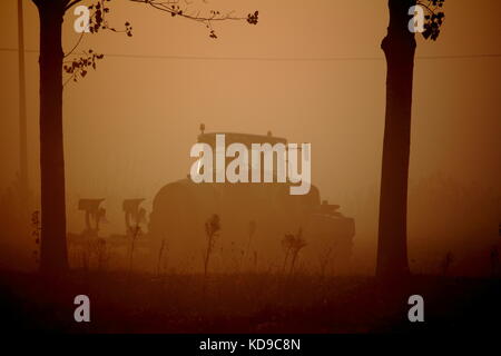 A tractor plowing in a foggy morning Stock Photo